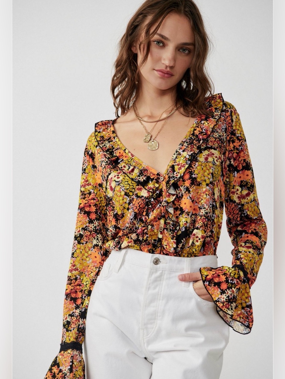 Free People Heat Wave bodysuit Yellow & Black Floral Ruffle fall